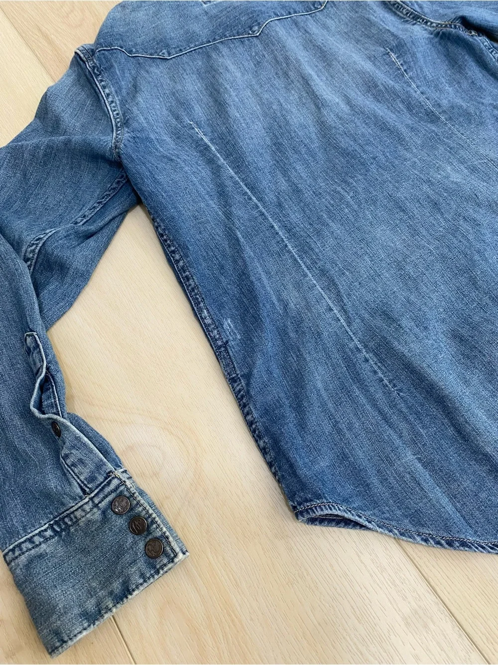 Ralph Lauren Distress Repair Western Shirt Denim Fade Blue Pearl Snap Polo